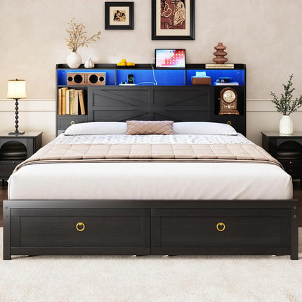 Shop1105673279 Farmhouse King Bed Frame with LED Lights & Storage Draw