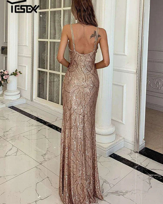Glamorous Backless Sequin Mermaid Maxi Dress with V Neck and Side Slit for Evening Elegance