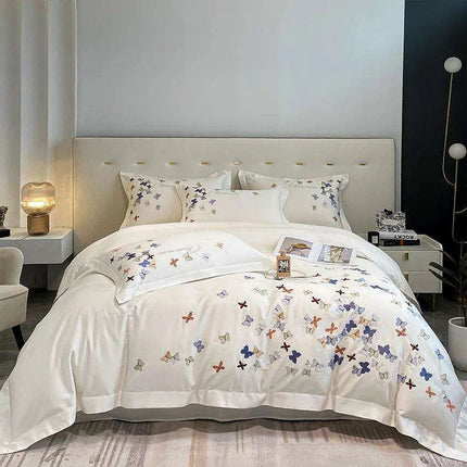 Exquisite 100% Egyptian Cotton Butterfly Embroidered Luxury Bedding Set with Duvet Cover, Sheets, and Pillowcases