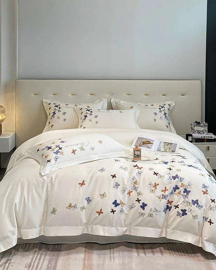 Exquisite 100% Egyptian Cotton Butterfly Embroidered Luxury Bedding Set with Duvet Cover, Sheets, and Pillowcases