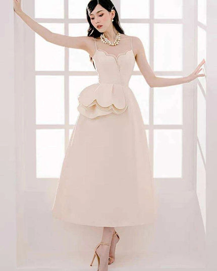 Elegant Apricot Velvet A-Line Slip Dress with Wave Hem Detail