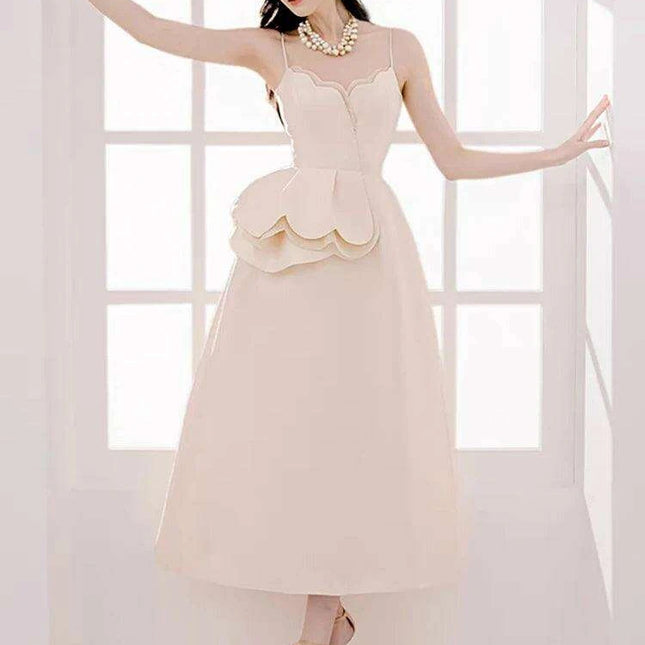 Elegant Apricot Velvet A-Line Slip Dress with Wave Hem Detail