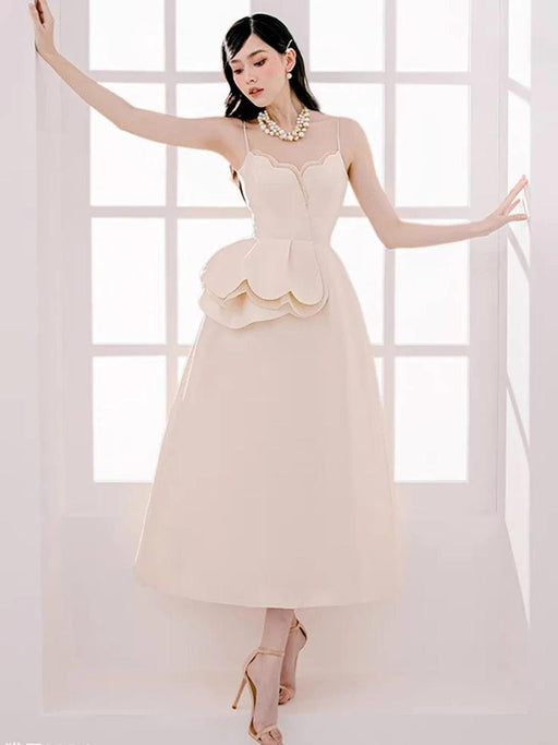 Elegant Apricot Velvet A-Line Slip Dress with Wave Hem Detail