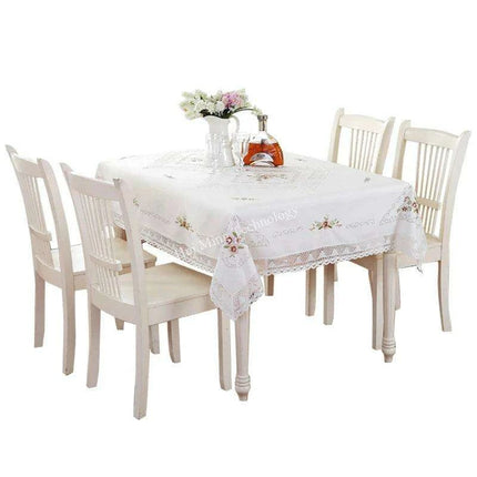 Elegant Floral Lace Trimmed White Cotton Tablecloth for Dining and Coffee Tables - European Pastoral Design