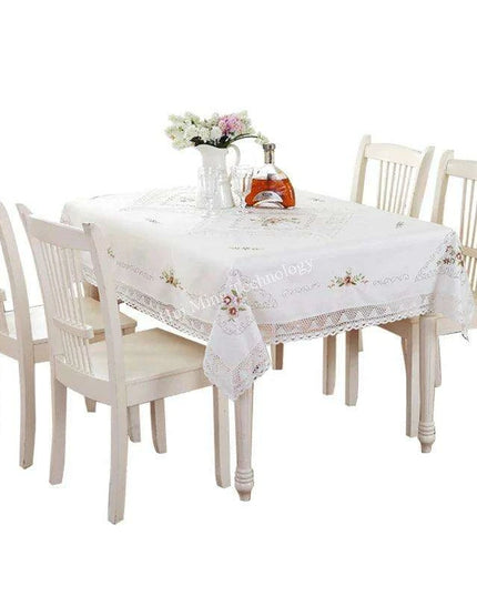 Elegant Floral Lace Trimmed White Cotton Tablecloth for Dining and Coffee Tables - European Pastoral Design