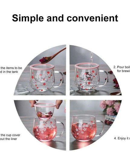 Sakura Blossom 300ml Heat-Resistant Glass Tea Mug Set with Infuser and Lid