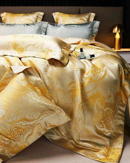 Luxurious Golden Jacquard Satin Bedding Set - 4-Piece Black Duvet & Egyptian Cotton Sheets