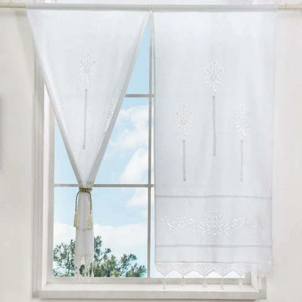 Cotton Kitchen Curtain with Hollow Design and Fun Tassel Trim - 01 panel