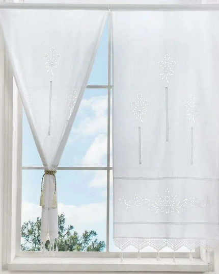 Cotton Kitchen Curtain with Hollow Design and Fun Tassel Trim - 01 panel