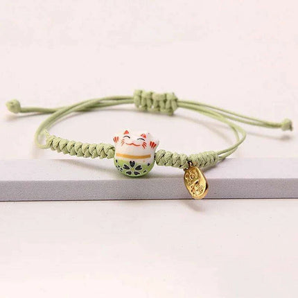 Whimsical Rainbow Braided Lucky Cat Bracelet - Adjustable Ceramic Good Fortune Jewelry