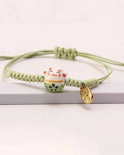 Whimsical Rainbow Braided Lucky Cat Bracelet - Adjustable Ceramic Good Fortune Jewelry