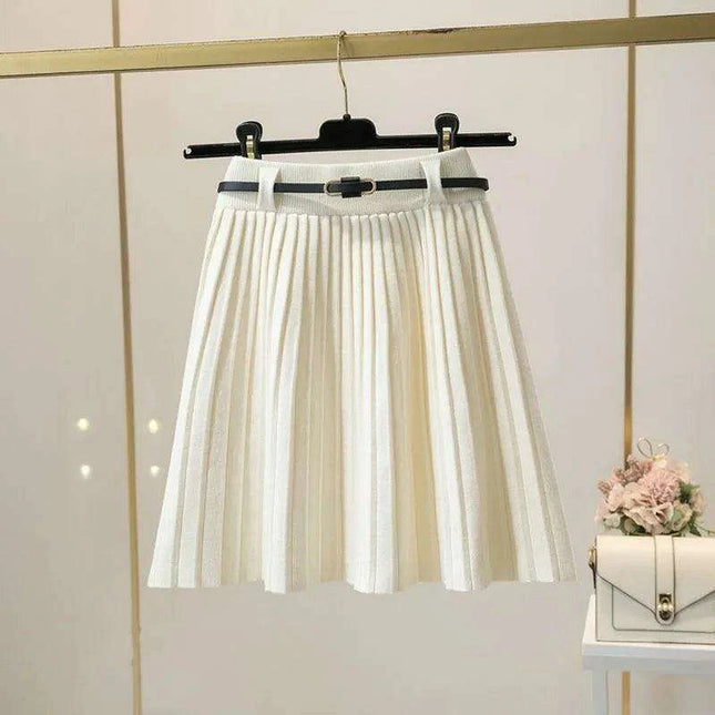 High Waist Pleated Mini Skirt - Korean-Inspired A-Line Knitted Solid Skirt with Belt