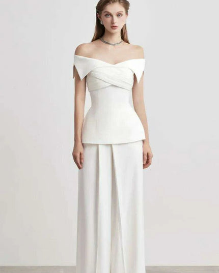 Summer 2-Piece Set with Off-Shoulder Neckline and Cross-Back Design - Pleated Jacket & Flowing Pants