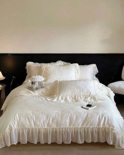 Luxurious Jacquard Lace and Chiffon Bedding Ensemble with Premium Egyptian Cotton - Beige Ruffled Duvet, Sheets, and Pillowcases