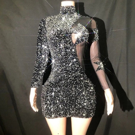 Black Sequin Sheer Mini Dress for Nightclub Party and Stage Performances