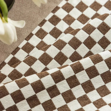 Customized French Retro Checkerboard Jacquard Curtain For Living Room Bay Window