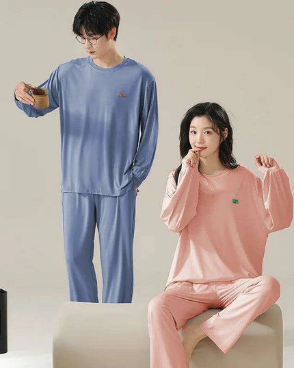Chic Spring 2024 Modal Couples Pajama Set - Long Sleeve Loungewear with Cozy Round Neck