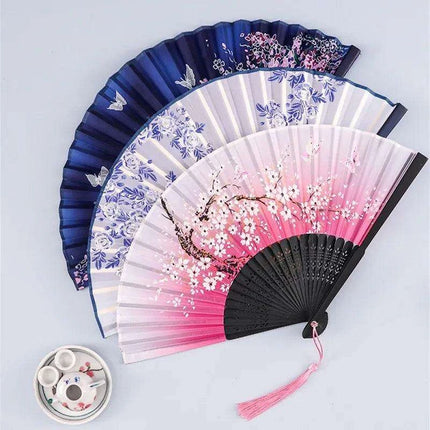 Charming Retro Silk Folding Fan - Exquisite Bamboo Craft for Dance and Home Elegance