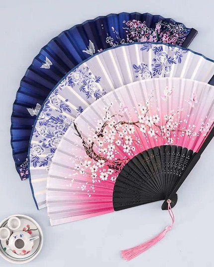 Charming Retro Silk Folding Fan - Exquisite Bamboo Craft for Dance and Home Elegance