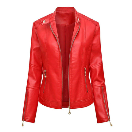 Retro Chic Women's Faux Leather Biker Jacket - Stylish Zip-Up Coat with Elegant Lapel