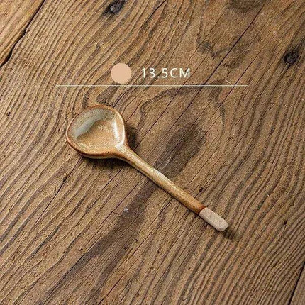 Japanese-Inspired Vintage Stoneware Soup Spoon with Extended Handle - Elegant Kitchen Tableware for 2024