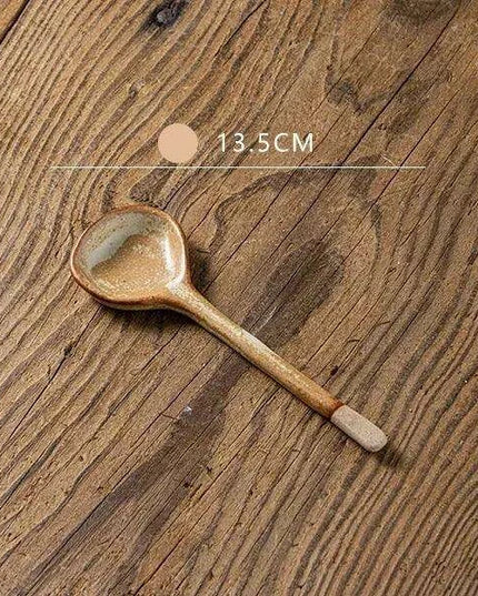 Japanese-Inspired Vintage Stoneware Soup Spoon with Extended Handle - Elegant Kitchen Tableware for 2024