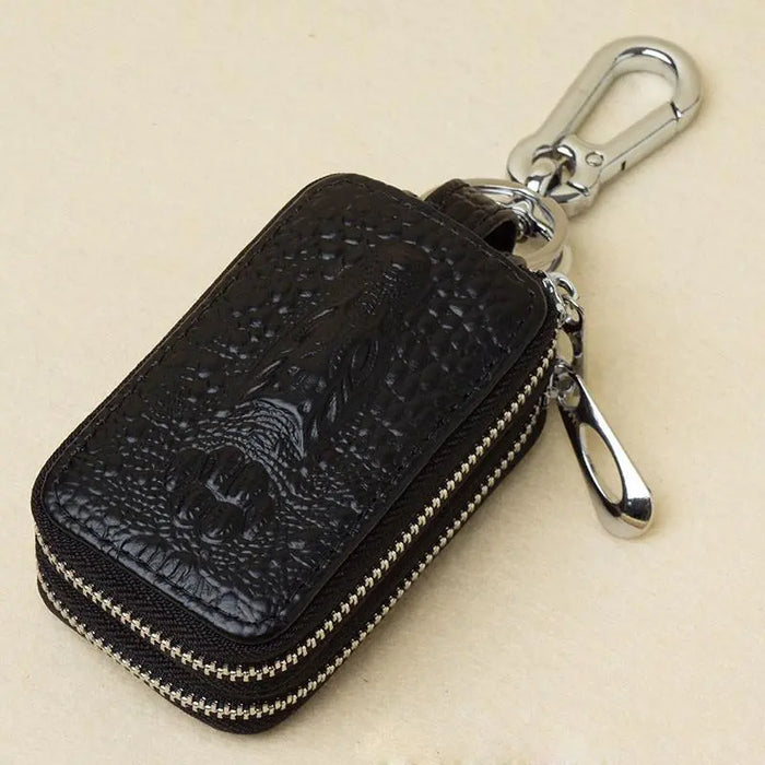 Premium Genuine Leather Car Key Holder with Dual Zippers - Remote Control Protector Cover