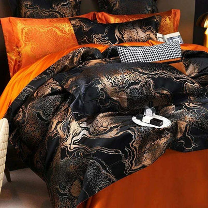 Luxurious Golden Jacquard Satin Bedding Set - 4-Piece Black Duvet & Egyptian Cotton Sheets
