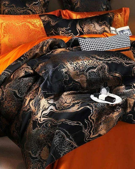 Luxurious Golden Jacquard Satin Bedding Set - 4-Piece Black Duvet & Egyptian Cotton Sheets