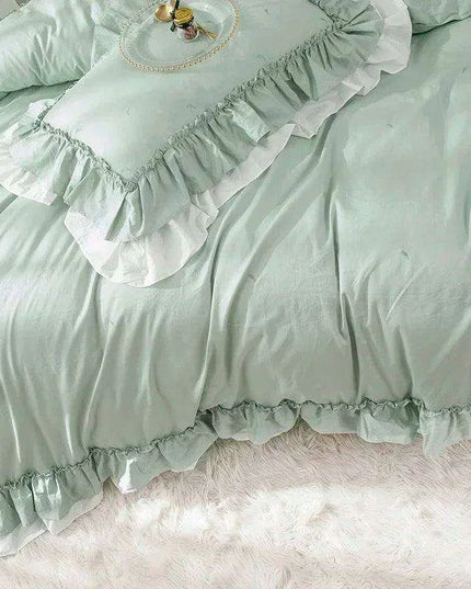 100% Cotton Solid Color Ruffled Bedding Set with Duvet Cover, Bed Skirt, and Pillowcases