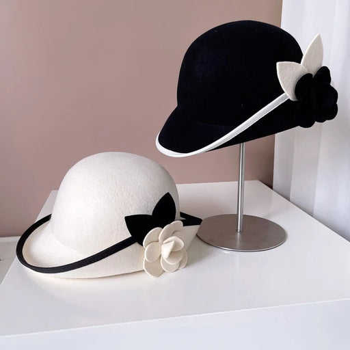 Elegant Camellia Wool Felt Top Hat - Women's Autumn/Winter Fashion Accessory