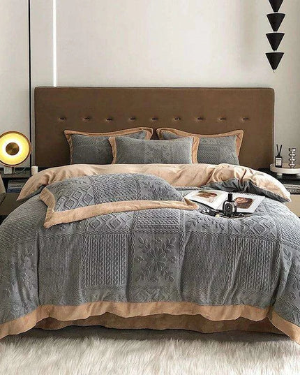 Opulent Grey Velvet Fleece Bedding Set with Luxurious 3D Embossed Duvet Cover and Pillowcases