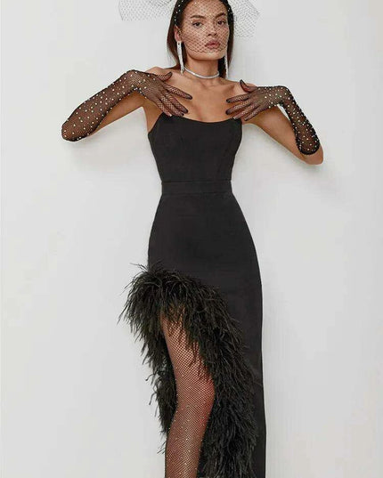 Elegant Strapless Black and White Feather Detail Bodycon Dress for Women