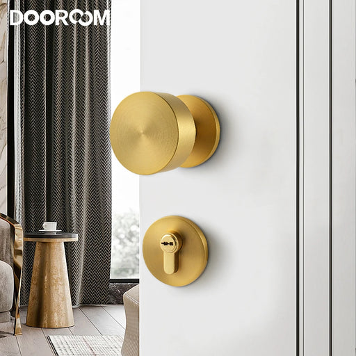 Silent Brass Room Door Handle with Round Lock - Interior Living Room Hardware for Bedrooms and Bathrooms