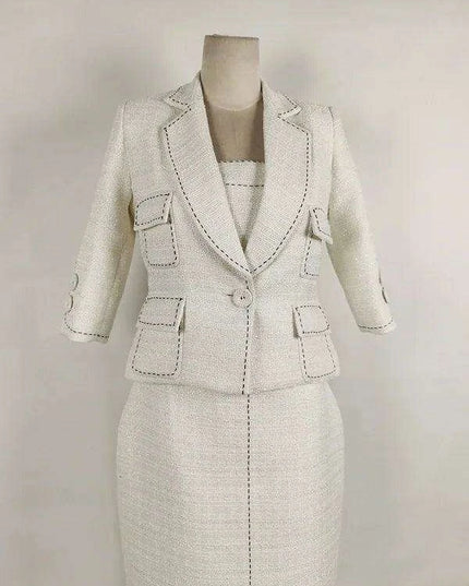 Elegant Women's Autumn 2-Piece Suit with Contrast Lines Belted Jacket and Slim Tweed Dress