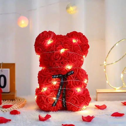 25cm Teddy Rose Flower Bear — Eternal Flower Gift with Box & Warm Lights