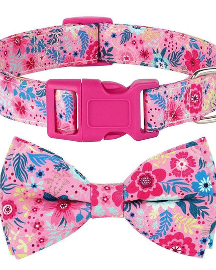 Floral Patterned Adjustable Dog Collar with Bowknot - Padded Nylon for All Breeds