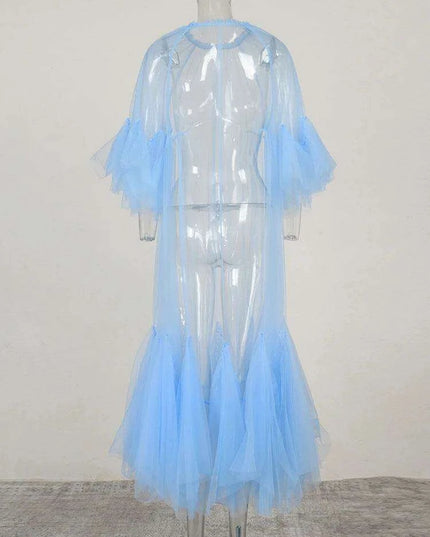 Plus Size Women's Blue Mesh Long Dress with Round Neck & 3/4 Sleeves - 2024 Spring Autumn Fashion JR77105