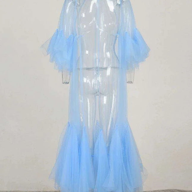 Plus Size Women's Blue Mesh Long Dress with Round Neck & 3/4 Sleeves - 2024 Spring Autumn Fashion JR77105