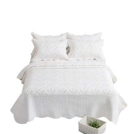 Plum Floral Embroidery Quilted Bedspread Set – 3-Piece 100% Cotton