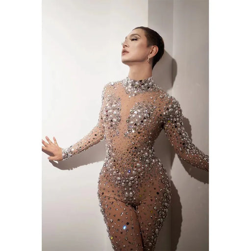 Glamorous Big Pearls Rhinestones Transparent Jumpsuit: Shine on Stage