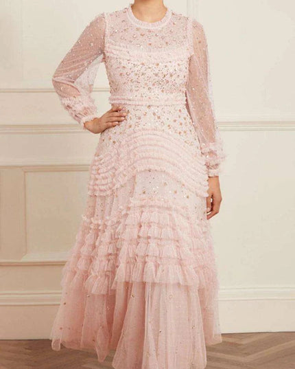 Elegant O-neck Layered Sequin High-Waist Dress for Women