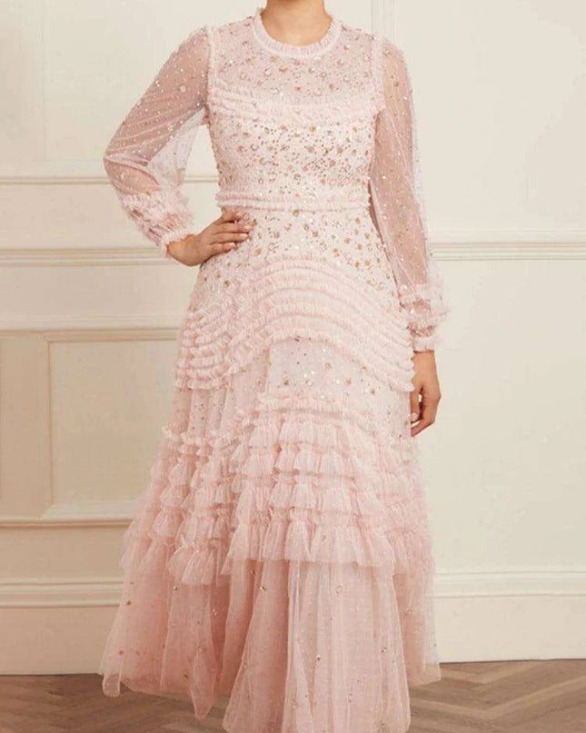 Elegant O-neck Layered Sequin High-Waist Dress for Women