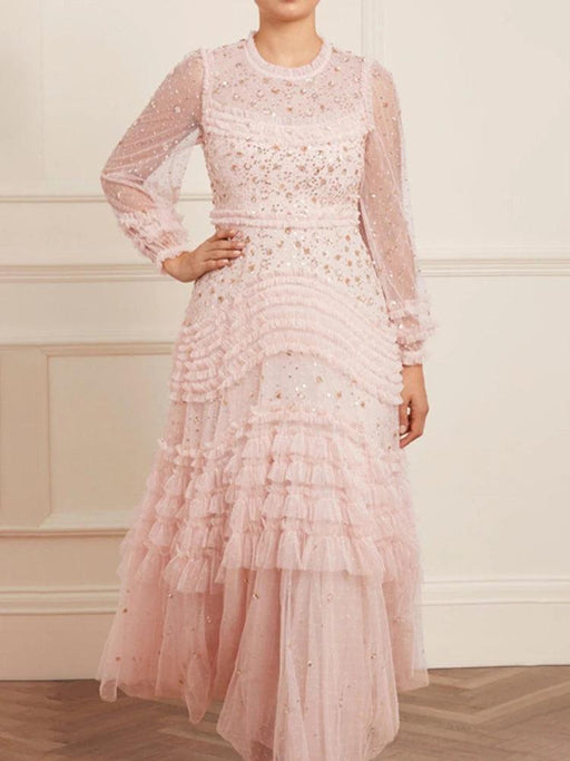 Elegant O-neck Layered Sequin High-Waist Dress for Women