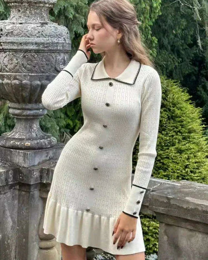 Autumn Elegance: Women's Long Sleeve Knit Dress with Lapel and Ruffled Hem by Mozision