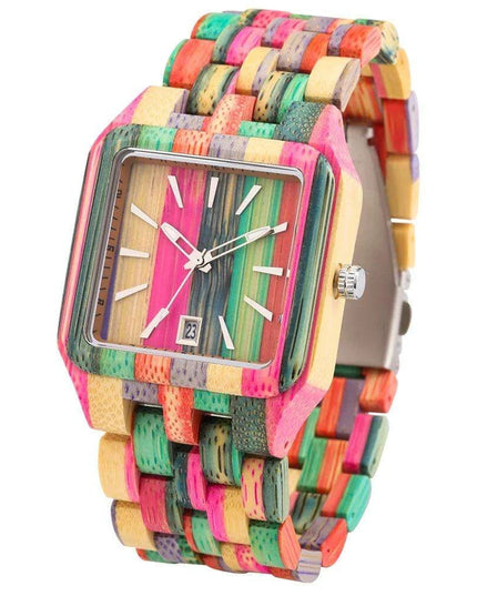Eco-Conscious Style: Men's Artisan Wooden Quartz Watch with Vibrant Multicolor Band