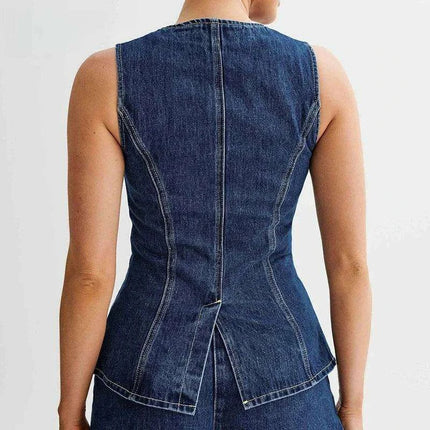 Women's Denim Two-Piece Set - Sleeveless O-Neck Top with High-Waist Shorts - Summer Office & Vacation Outfit 2024