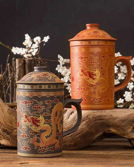 Yixing Dragon-Enhanced Purple Clay Tea Mug with Infuser and Lid for Discerning Tea Connoisseurs