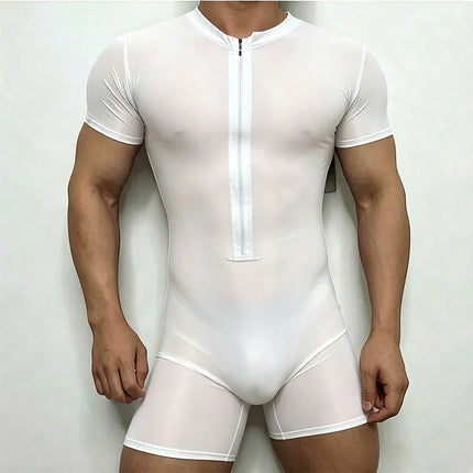 OG Waves Men's Deep V Zipper Bodysuit - Breathable Elastic Gym Romper