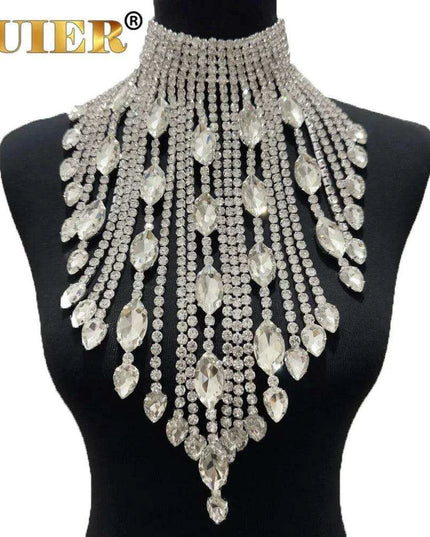 Elegant Silver Chain Choker Necklace with Crystal AB Rhinestone Tassels - Perfect for Weddings and Glamorous Occasions